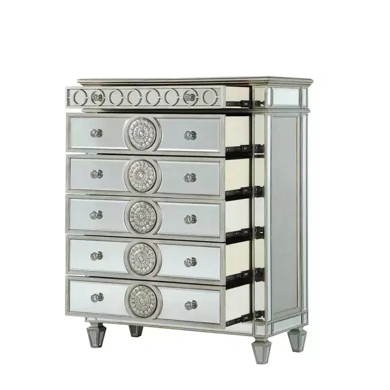 Commode de tiroirs miroir glamour avec garniture argentée – Rangement de chambre à coucher à 5 tiroirs
