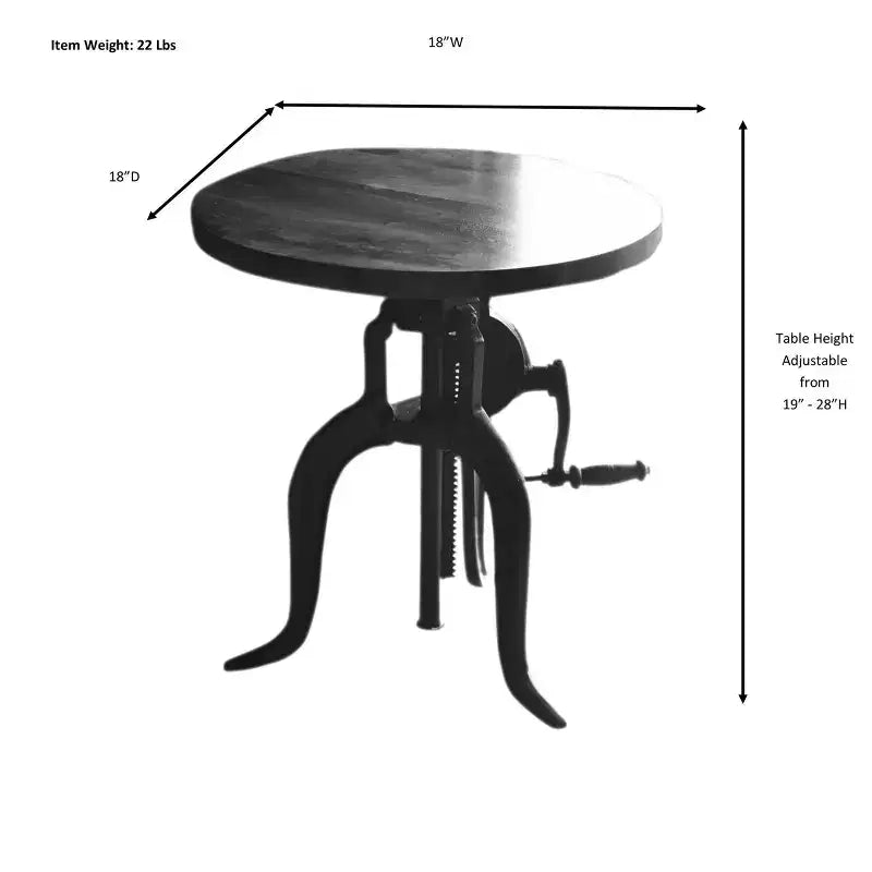 Table d'appoint à manivelle réglable en hauteur – Plateau en bois de manguier et structure en fonte, 48-68 cm H