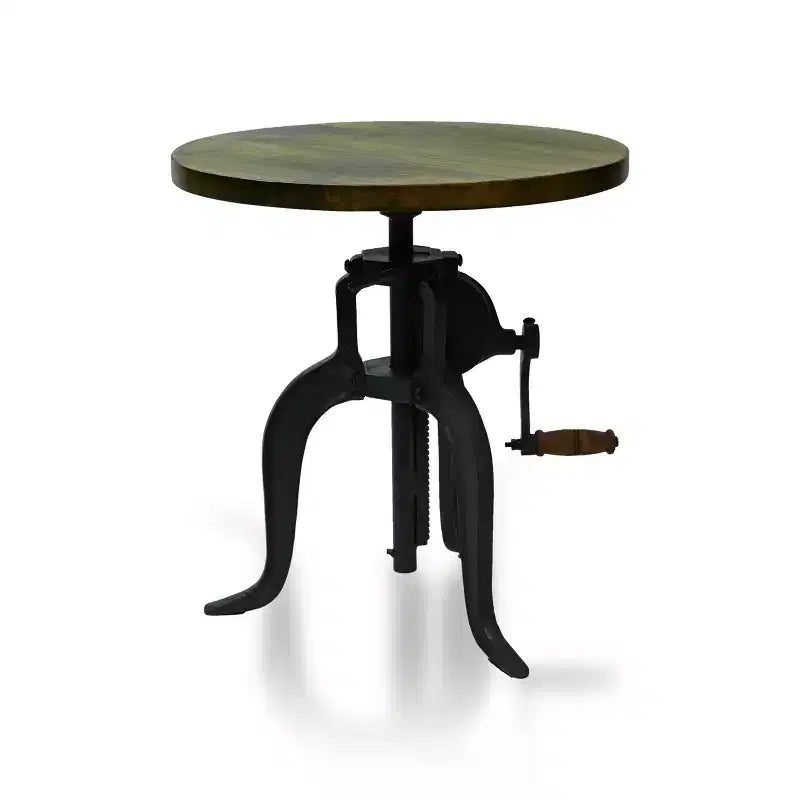 Table d'appoint à manivelle réglable en hauteur – Plateau en bois de manguier et structure en fonte, 48-68 cm H