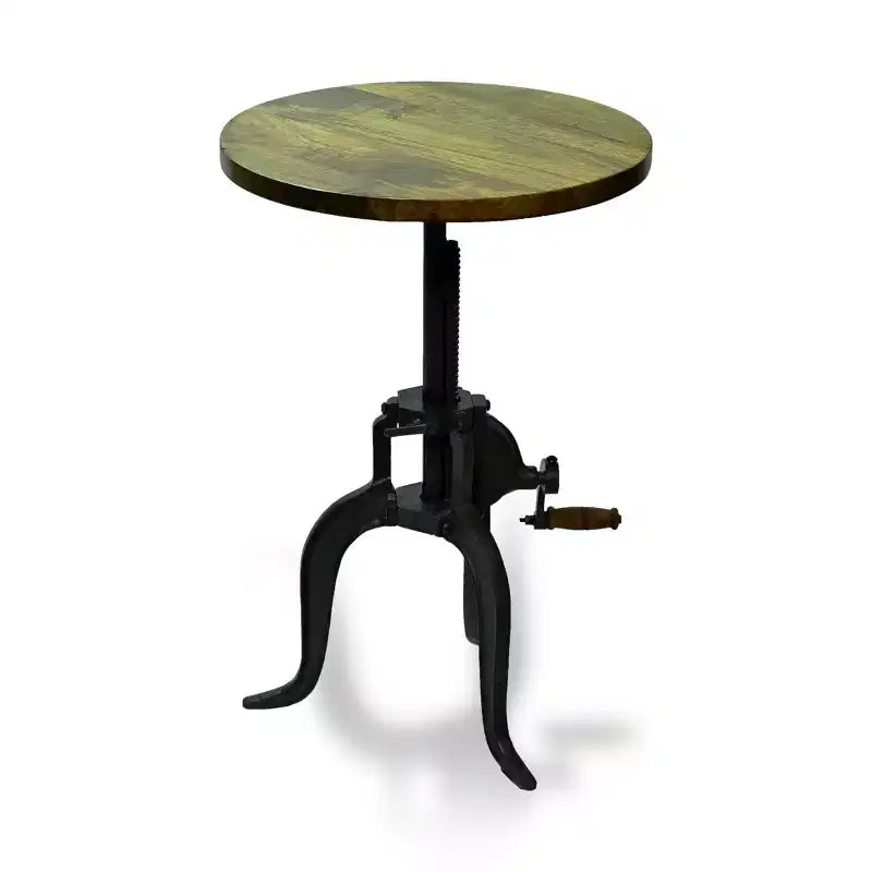 Table d'appoint à manivelle réglable en hauteur – Plateau en bois de manguier et structure en fonte, 48-68 cm H