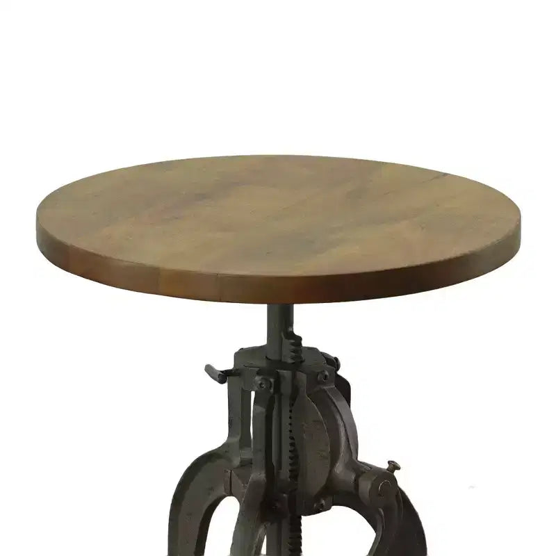 Table d'appoint à manivelle réglable en hauteur – Plateau en bois de manguier et structure en fonte, 48-68 cm H