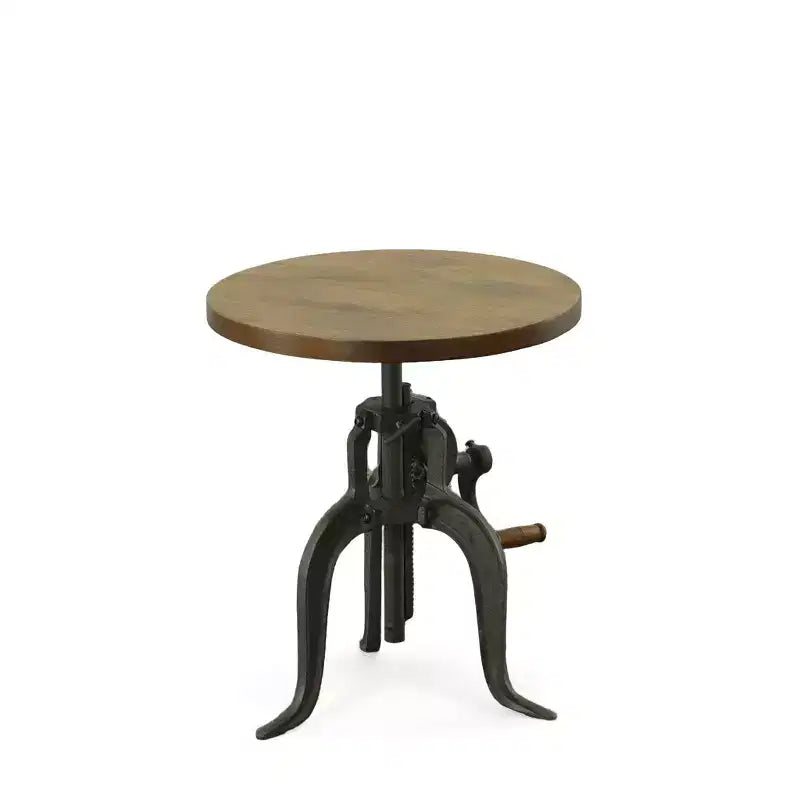 Table d'appoint à manivelle réglable en hauteur – Plateau en bois de manguier et structure en fonte, 48-68 cm H