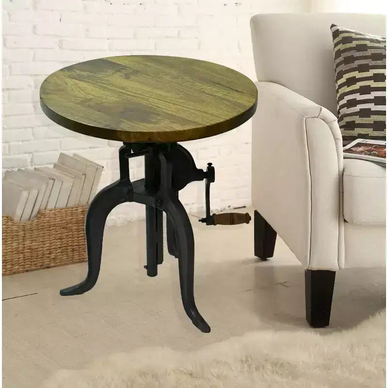 Table d'appoint à manivelle réglable en hauteur – Plateau en bois de manguier et structure en fonte, 48-68 cm H