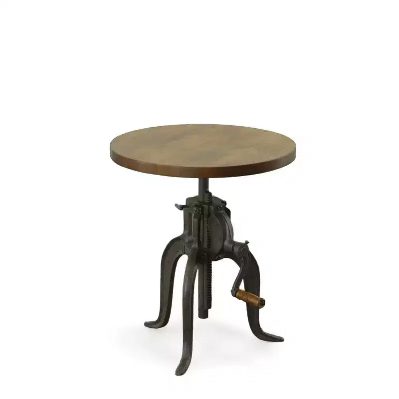 Table d'appoint à manivelle réglable en hauteur – Plateau en bois de manguier et structure en fonte, 48-68 cm H