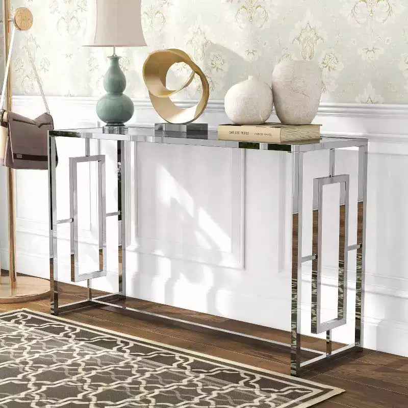 Console rectangulaire Glam – Structure chromée et plateau en verre trempé, 122 cm