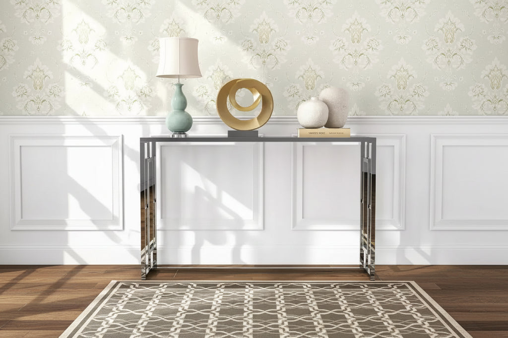 Console rectangulaire Glam – Structure chromée et plateau en verre trempé, 122 cm