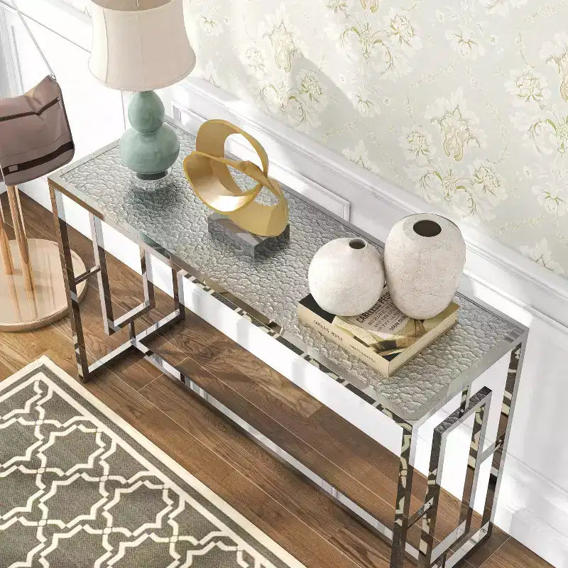 Console rectangulaire Glam – Structure chromée et plateau en verre trempé, 122 cm