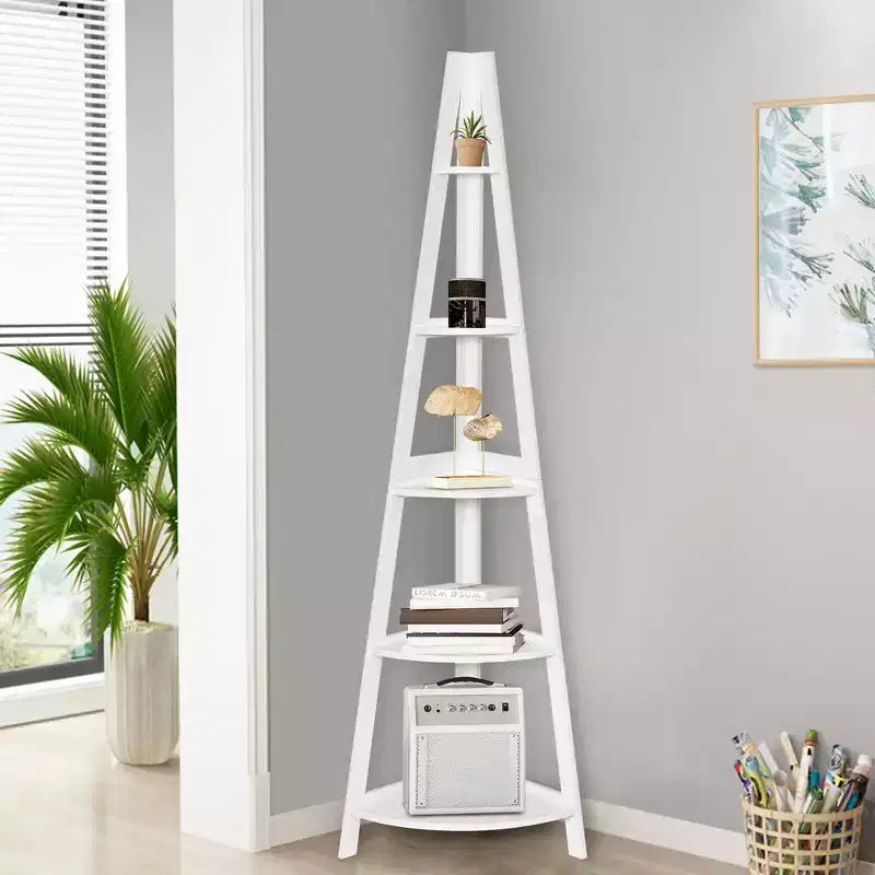 Étagère d'angle à 5 niveaux – Bibliothèque en A, Blanche, 175 cm de haut, sur pied