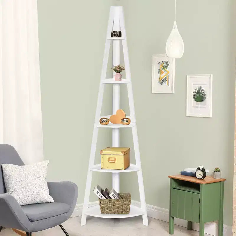 Étagère d'angle à 5 niveaux – Bibliothèque en A, Blanche, 175 cm de haut, sur pied