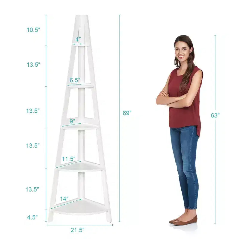 Étagère d'angle à 5 niveaux – Bibliothèque en A, Blanche, 175 cm de haut, sur pied