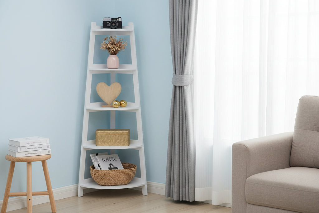 Étagère d'angle à 5 niveaux – Bibliothèque en A, Blanche, 175 cm de haut, sur pied