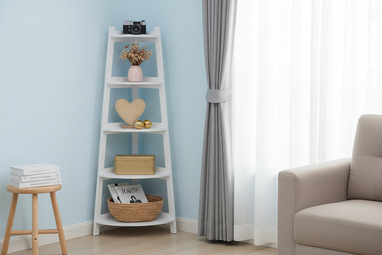 Étagère d'angle à 5 niveaux – Bibliothèque en A, Blanche, 175 cm de haut, sur pied