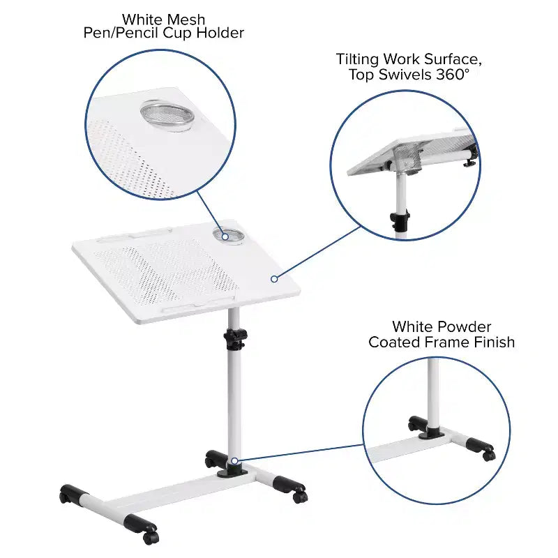 Bureau d'ordinateur mobile à hauteur réglable – Structure en acier, rotation à 360°, surface ventilée