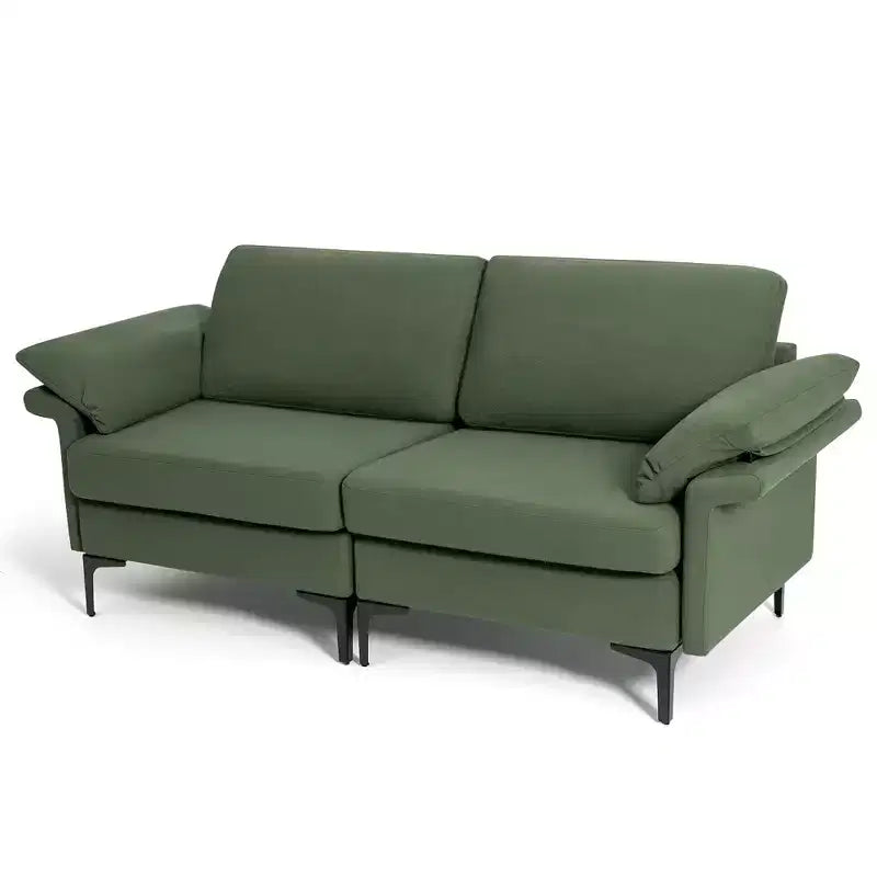 Causeuse en tissu moderne 2 places – Éponge haute densité, pieds en métal, vert armée