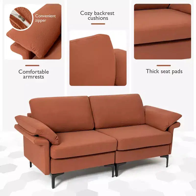 Causeuse en tissu moderne 2 places – Éponge haute densité, pieds en métal, vert armée