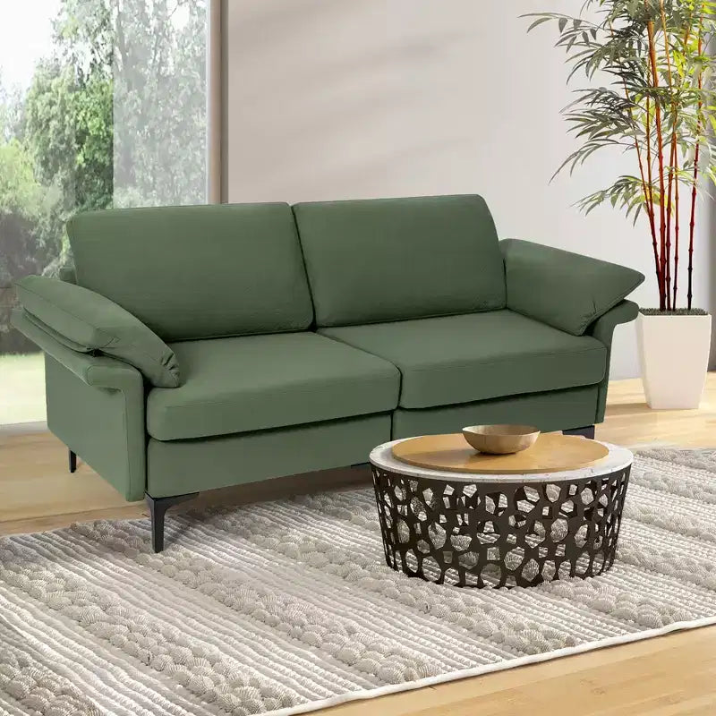 Causeuse en tissu moderne 2 places – Éponge haute densité, pieds en métal, vert armée