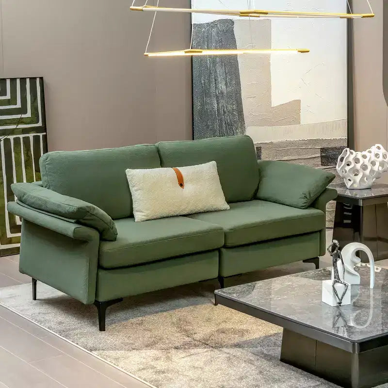Causeuse en tissu moderne 2 places – Éponge haute densité, pieds en métal, vert armée