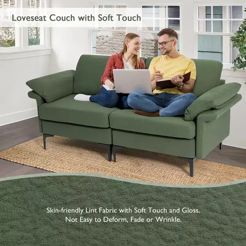 Causeuse en tissu moderne 2 places – Éponge haute densité, pieds en métal, vert armée