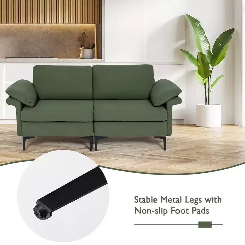 Causeuse en tissu moderne 2 places – Éponge haute densité, pieds en métal, vert armée