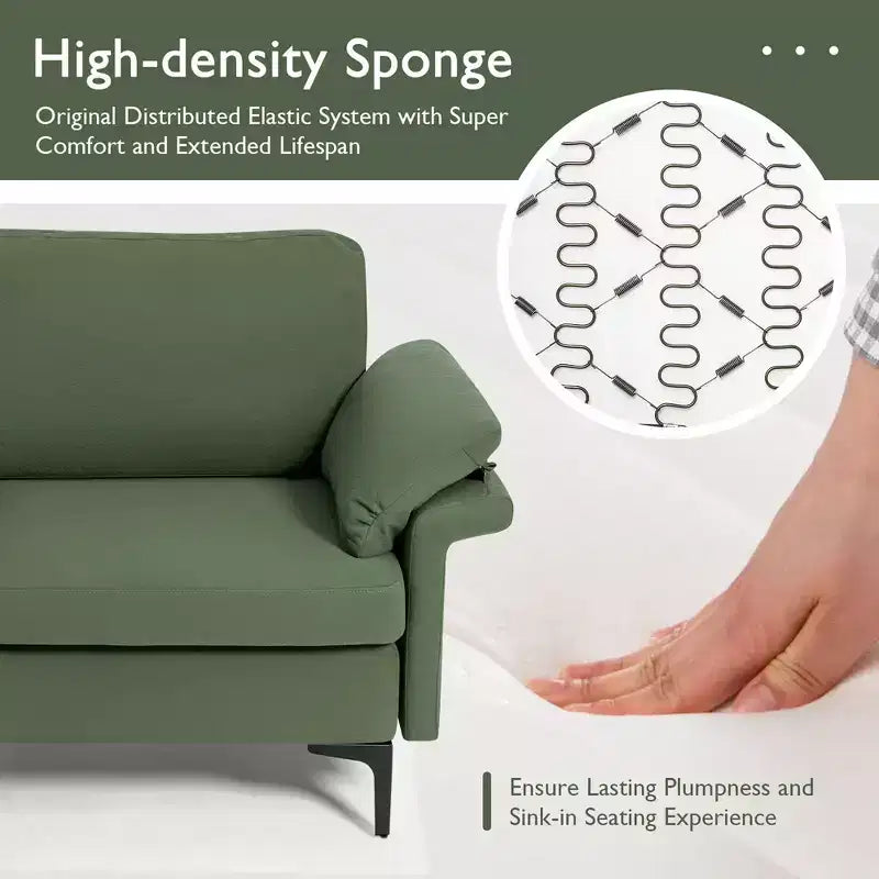 Causeuse en tissu moderne 2 places – Éponge haute densité, pieds en métal, vert armée