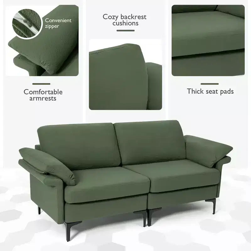 Causeuse en tissu moderne 2 places – Éponge haute densité, pieds en métal, vert armée