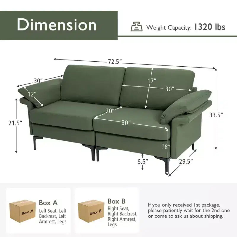 Causeuse en tissu moderne 2 places – Éponge haute densité, pieds en métal, vert armée
