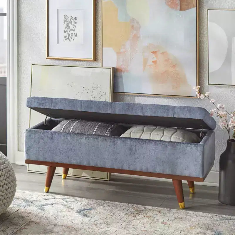 Banc de rangement capitonné en chenille – 118 cm de large, coussin en mousse, rangement dissimulé