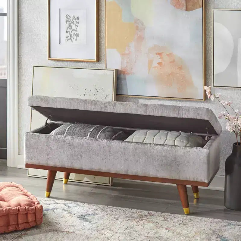 Banc de rangement capitonné en chenille – 118 cm de large, coussin en mousse, rangement dissimulé