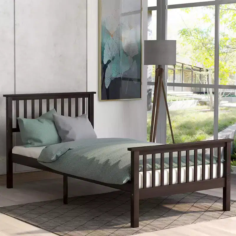 Lit plateforme double en bois avec tête et pied de lit
